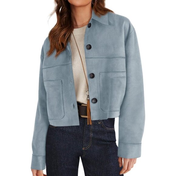 Jackets & Blazers - Women's Light Blue Faux Suede Cropped Jacket Casual Lightweight Fall Fashion